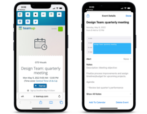 Mobile screens showing event page and calendar event
