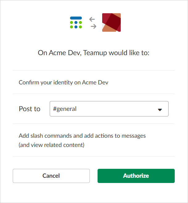 Authorize Teamup to post on Slack