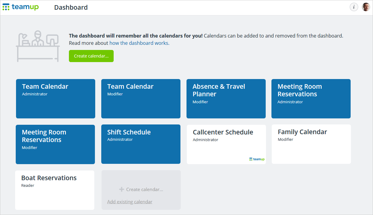 Teamup Calendar account dashboard