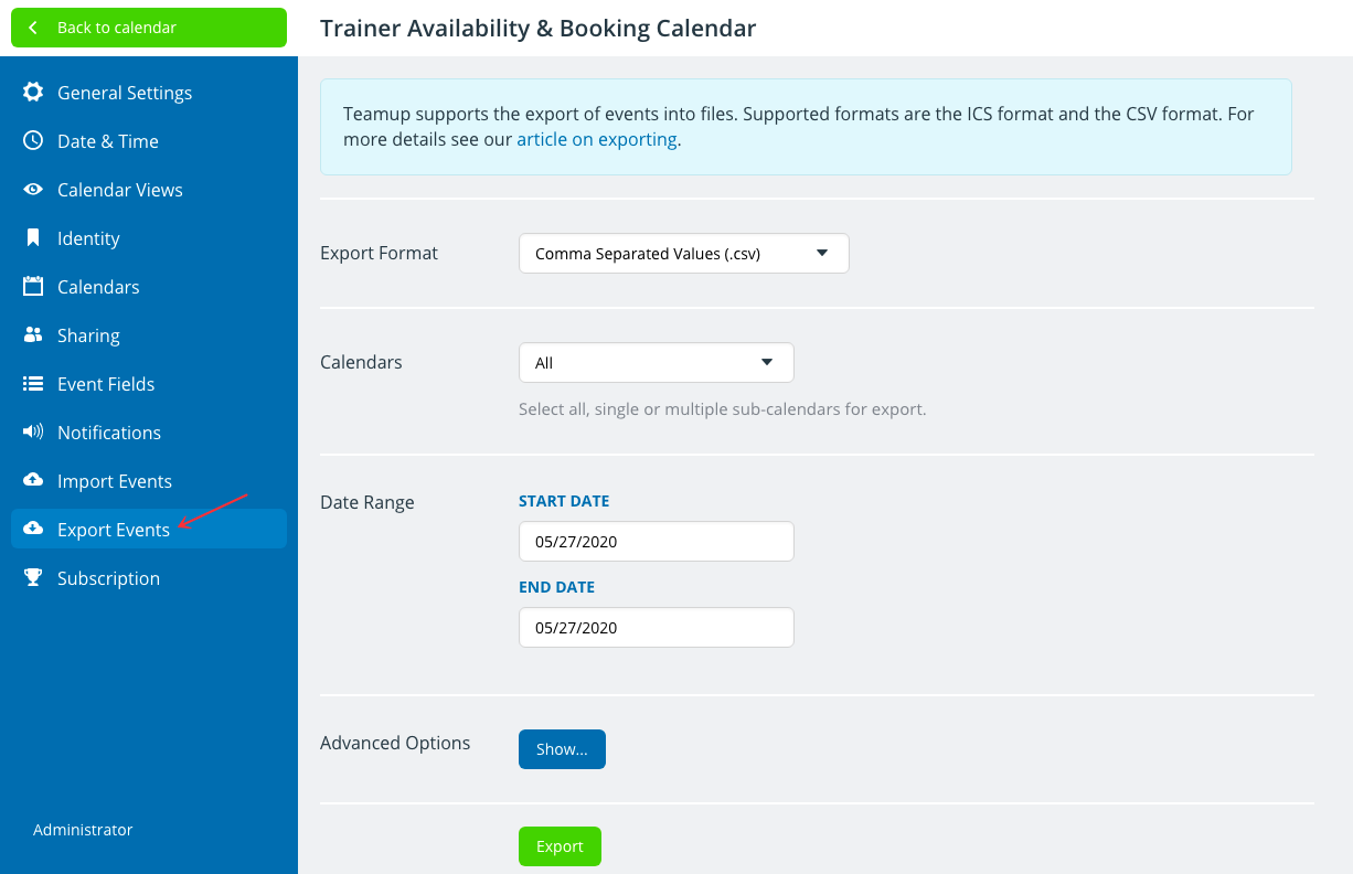 How to use Export Events in your Teamup calendar 