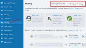 The settings > sharing screen for Teamup with a red box around the primary contact field