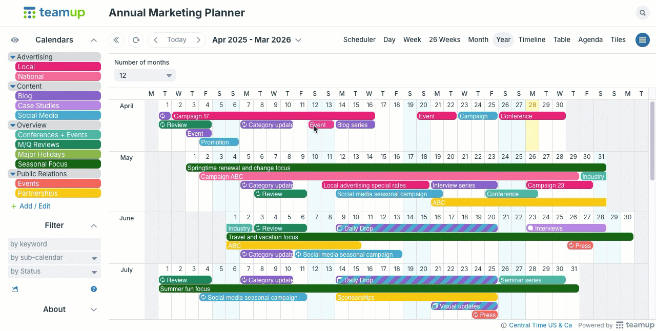 Animated gif shows a Teamup calendar in Year view. A cursor is clicking on an event to hold and drag it to a different date.