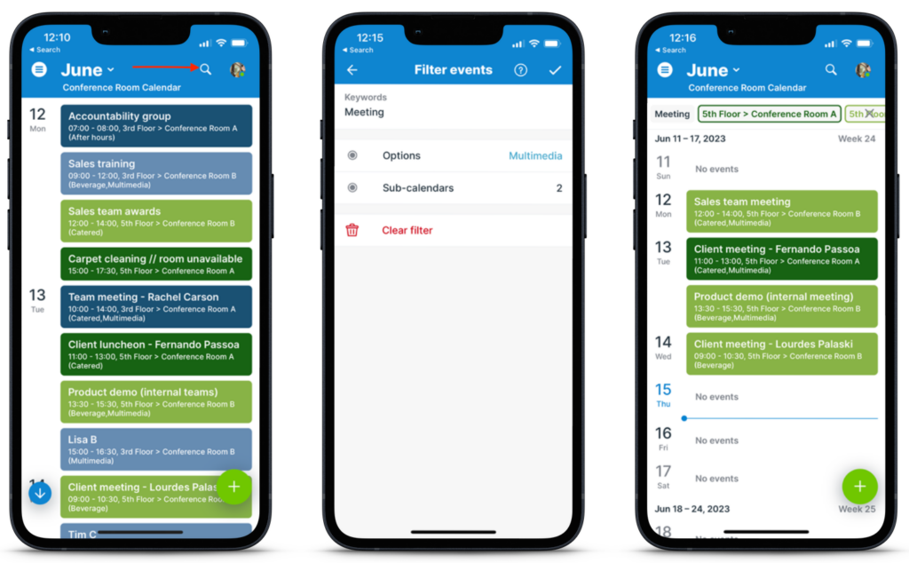 Three iphone calendar views shown side-by-side: one list view of all calendar items, one view of the filter dialog, and one view of the filtered calendar events. 